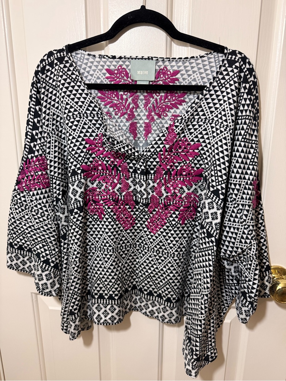 Maeve Black & Magenta Embroidered V-Neck Blouse